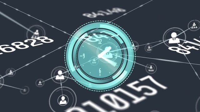 Animation of connected icons over digital clock and changing numbers against black background