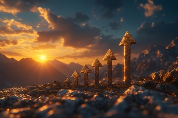Golden arrow-shaped upward trend graph against a dramatic sunset sky, symbolizing growth and success on rocky terrain