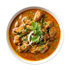Spicy Orange Fish Curry in White Bowl with Cilantro Garnish isolated on transparent background