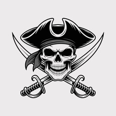 This striking graphic design features a pirate skull boldly adorned with a pirate hat, with crossed swords beneath it symbolizing adventure and the thrilling pirate lifestyle.