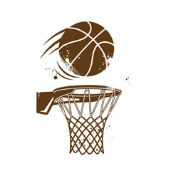 Drawing Vintage Brown basketball going into hoop with net on white background  sports illustration