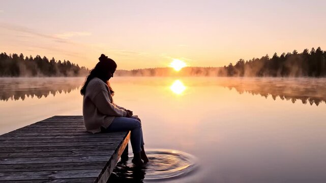Woman sitting on a wooden pier watching a misty sunrise over a lake. Silhouette of a person enjoying a quiet morning in nature. Solitude and mindfulness concept