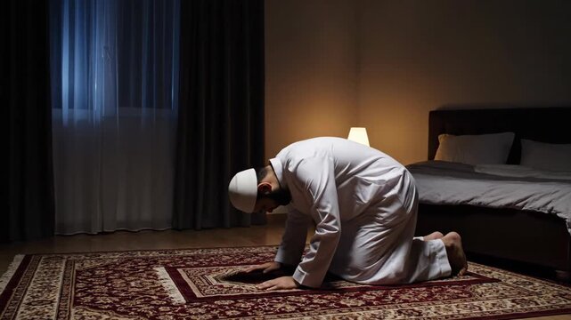 A devout Muslim man performs the Salat prayer at home during the night. A bearded man in a traditional white thobe kneels on a prayer rug. Islamic faith, devotion, and spirituality during Ramadan