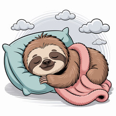 Fototapeta premium A charming cartoon illustration of a sleepy sloth curled up on a pillow wrapped in a warm blanket, radiating cuteness and comfort with a cozy, cheerful atmosphere.