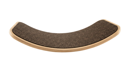 Curved wooden balance board with cork top. Ergonomic standing desk accessory.