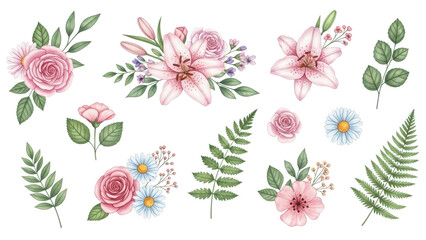 Flowers and leaves set, floral watercolor illustration for greeting card, invitation and other printing design. Isolated on white. Hand drawing.