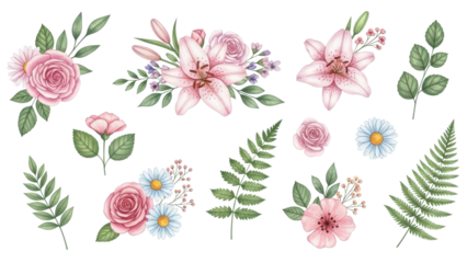 Flowers and leaves set, floral watercolor illustration for greeting card, invitation and other printing design. Isolated on white. Hand drawing.