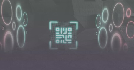 Animation of neon qr code scanner and round shapes against grey background - Powered by Adobe
