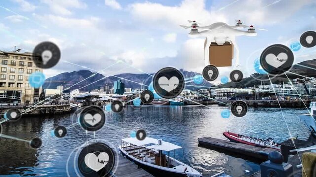 Animation of connected icons, drone carrying cardboard box, parked boat in lake against mountains
