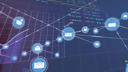 Animation of network of digital icons, statistical, stock market data processing on blue background - Powered by Adobe