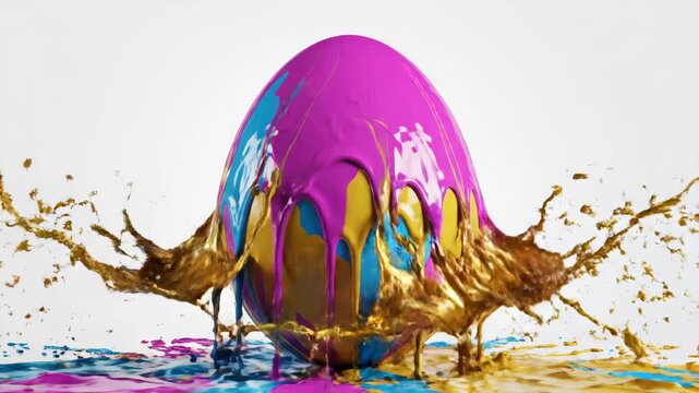 Colorful paint splashes on an Easter egg in slow motion. Vibrant cyan, magenta, and yellow liquid decorating a white egg. Creative holiday celebration concept