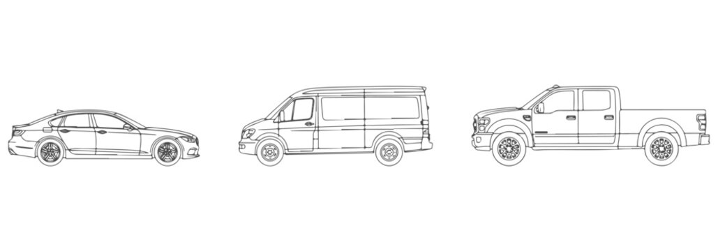 Professional Architectural Side View Vehicles CAD Blocks - Car Van and Truck Elevation Style Collection for Technical Drafting