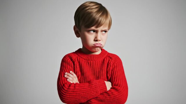 A stubborn little boy with an angry expression pouting with his arms crossed. Upset and frustrated child standing on a grey studio background. Childhood emotions and bad mood concept