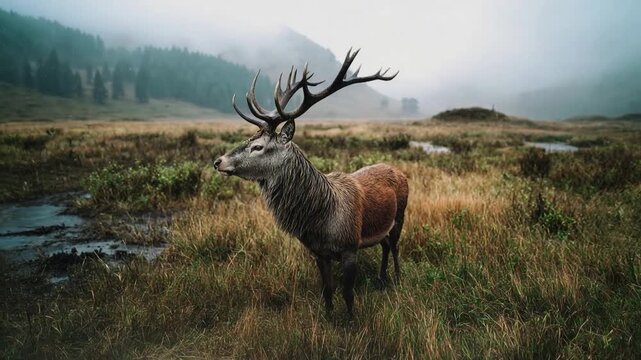 Majestic deer with branching antlers stands alone in misty meadow surrounded by hills and soft light expressing wildlife grace solitude and peaceful natural landscape atmosphere