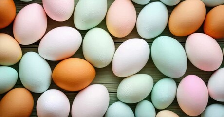 Colorful eggs cover wooden surface. Variety hues present, including pinks, blues, oranges, whites. Pattern creates pleasing visual texture.