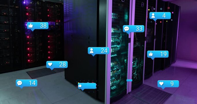 Animation of notification with numbers icons over data server racks
