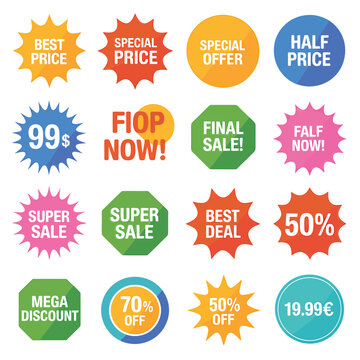 Collection of colorful sale and discount stickers on white background