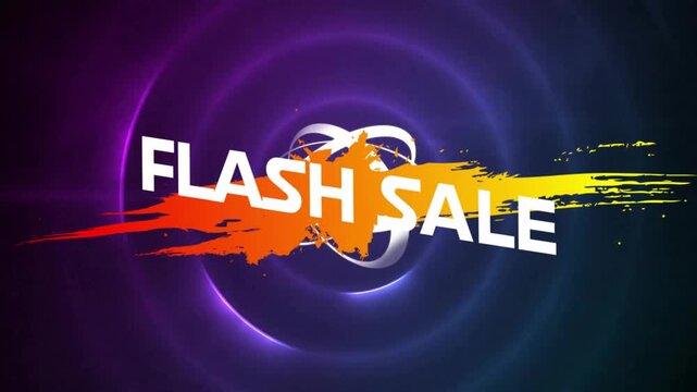 Animation of flash sale text on color splash, geometric shapes and circular texture in background