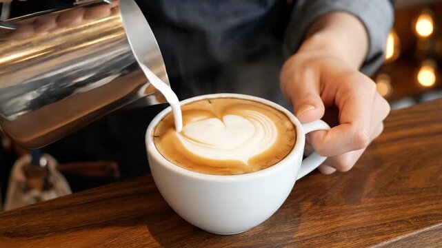 Barista pouring steamed milk to make heart shaped latte art. Close-up of a professional making a cappuccino in a coffee shop. The craft of coffee preparation