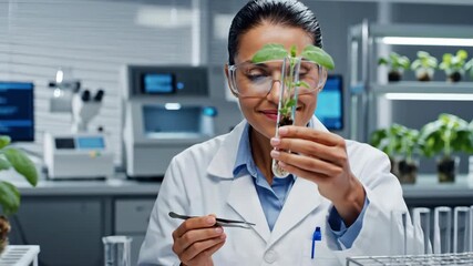 Female scientist examining a green plant seedling in a test tube with tweezers. Researcher working on biotechnology in a modern laboratory. Botany and agricultural science concept