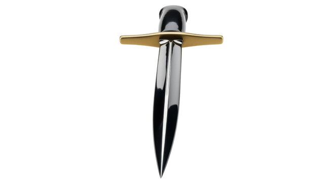 Elegant stiletto dagger isolated PNG on transparent background, sharp double-edged blade with golden crossguard for historical weapon enthusiasts