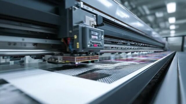 High-Speed Printing Machine in Action with Colorful Prints Emerging from Industrial Equipment