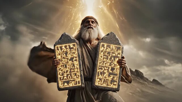Biblical prophet Moses holding the Ten Commandments on a mountain top. Elderly man raising glowing stone tablets with ancient script under a dramatic sky. Religious concept