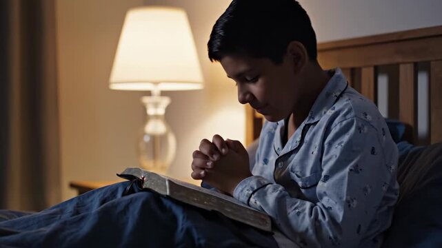 Young boy praying in bed with a Bible at night. Child wearing pajamas reading scripture and clasping hands in prayer before sleep. Religious faith and bedtime devotion concept