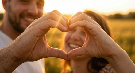 Close Up of Couple Hands Forming Heart Shape against Sun Flare Background