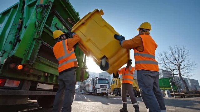 Workers Collecting Waste in Bright Uniforms Near Garbage Truck on a Sunny Day in an Urban Environment