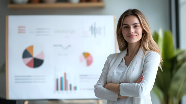Businesswoman presents chart on whiteboard in office setting during work hours with focus on data analysis and teamwork - Powered by Adobe