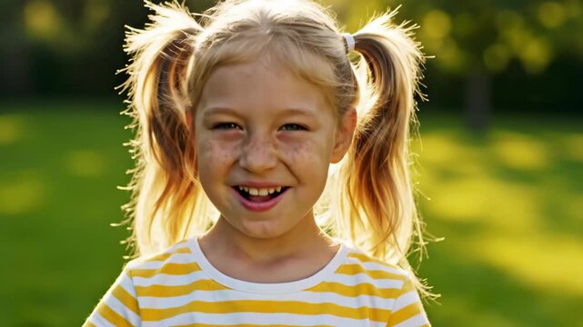 A happy little girl with freckles makes a funny face sticking her tongue out. Close-up portrait of a playful child smiling outdoors in the sun