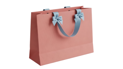 Elegant pink shopping bag with blue ribbon handles isolated PNG, stylish gift bag for retail, fashion, and special occasions on transparent background