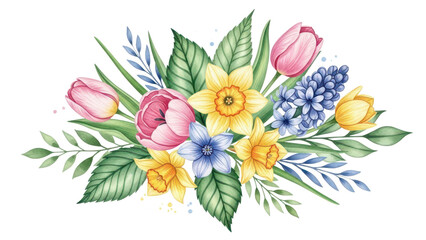 Flowers and leaves digital illustration, spring design, watercolor hand painting. Perfectly for printing, sublimation.