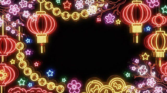 Animated neon frame for Chinese New Year celebration. Glowing lanterns, cherry blossoms, and coins on a black background. Festive holiday animation with copy space