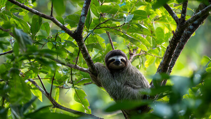 Obraz premium Sloth Resting Calmly on Tree Branch in Lush Green Forest for World Wildlife Day Conservation Awareness