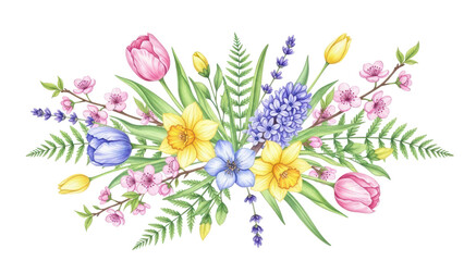 Flowers and leaves digital illustration, spring design, watercolor hand painting. Perfectly for printing, sublimation.