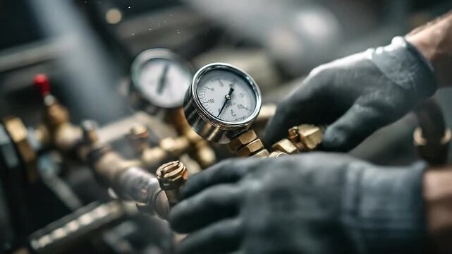 Close-up of an industrial worker adjusting a pressure gauge on machinery in a workshop setting