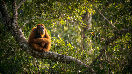 Majestic Orangutan Sitting Calmly on a Tree Branch in a Lush Green Tropical Forest for World Wildlife Day