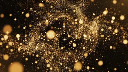 Abstract golden particles floating in the dark background, beautiful bokeh effect.