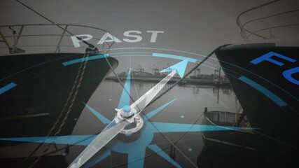Animation of compass with future past text over shipyard - Powered by Adobe