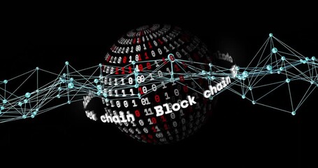 Blockchain and binary code animation over rotating globe with network connections - Powered by Adobe