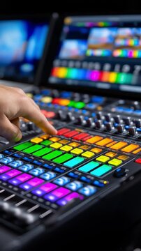 Operator hand taps bright multicolor buttons on a production studio control panel, finger moving across illuminated keys as screens glow in the background, driving a dynamic live editing workflow.