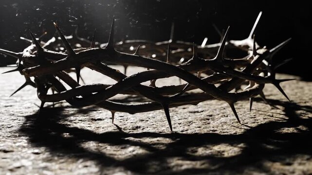 A close-up of the crown of thorns resting on a stone under a dramatic light. Symbol of the crucifixion of Jesus Christ for Easter and Good Friday