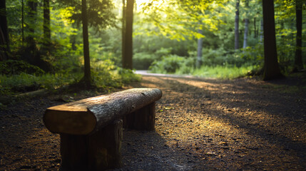 Log bench in forest glade with sunlight filtering through trees in early evening