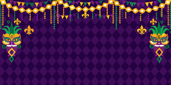 mardi gras colorful purple background with masks and decorations