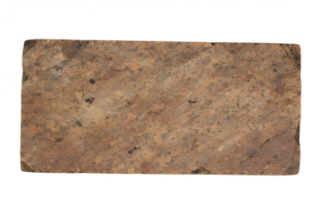 a rectangular brown sedimentary rock or clay block featuring a weathered, multi-toned surface with scattered dark mineral spots and a fine-grained, sandy texture against a white isolated background