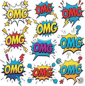 Create kinds of Different omg comic word with Carton symbol on without Background