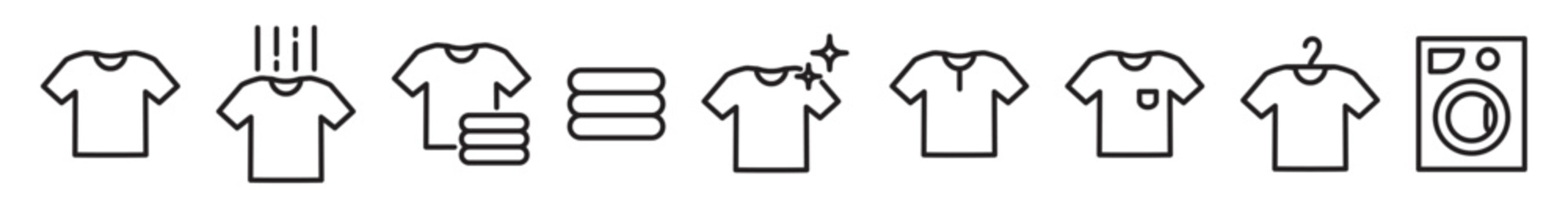 T-shirts line icon set, editable stroke isolated on transparent background. Icon of neatly stacked pile of T-shirts. Washing, drying, ironing service icons. Clean shirt linear icons.