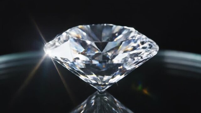 Rotating brilliant cut diamond with sparkles on black background. Macro view of a precious gemstone reflecting light. Luxury jewelry concept